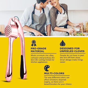 Преміум-нічна прес для часнику з нержавіючої сталі – прес для часнику, подрібнювач та очищувач, набір, стійкий до миття в посудомийній машині та іржавіння (Рожевий)