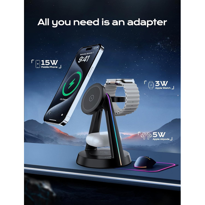 Бездротова зарядна станція 3-в-1 MagSafe OneCut з RGB підсвіткою 15W для iPhone 16/15/14/13/12 Pro Max/Plus, Apple Watch Ultra/8/7/6/SE та AirPods Pro/3/2