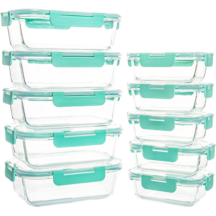 Набір з 10 скляних контейнерів для зберігання продуктів, з кришкою, BPA-Free, підходить для мікрохвильової печі, морозильника та посудомийної машини (м'ятно-зелений)