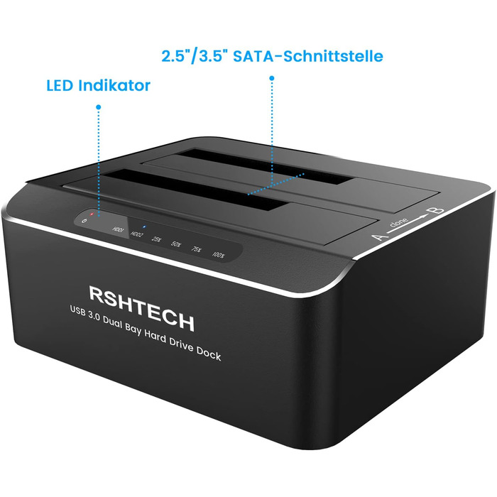 Док-станція для жорстких дисків RSHTECH з двома відсіками, USB 3.0, алюміній, підтримка 2.5/3.5