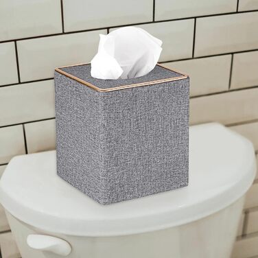 BTSKY Square Tissue Box Cover in Linen with Decorative Gold Line – Cube-Shaped Tissue Paper Holder, Tissue Storage, Organizer, Tissue Box Dispenser, Serviette Box, Gray