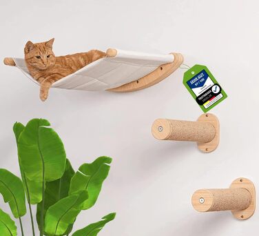 AZANO® Cat Wall | Cat Hammock XL [Extra Stable and Large] with Cat Ladder for the Wall | Cat Ladder with Sleeping Place | Climbing Cat Bed made of Natural Wood | 3-Piece (with Scratching Posts)
