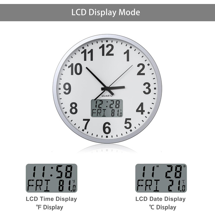 KWANWA Modern Wall Clock • Silent Operation (No Ticking) • Digital LCD/LED Display • Calendar & Temperature • Battery Powered • 30.5cm • 12-Hour Format, Perfect for Kitchen, Bedroom & Office