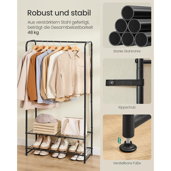 SONGMICS Clothes Rack, Open Wardrobe, Clothes Rail, Coat Rack with Shelves, Metal Clothes Rack, Freestanding, Matte Black LGR462B01 (73B cm)