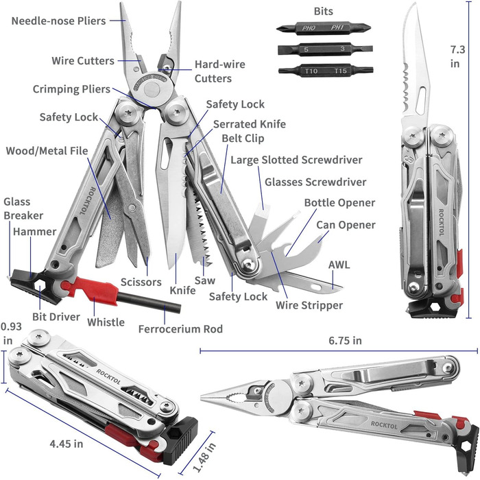 ROCKTOL 22-in-1 Multifunction Pliers - Camping Survival Tool with Fire Starter, Whistle, Glass Breaker & Safety Lock
