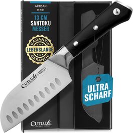 Ніж Cutluxe Santoku 13 см – універсальний ніж для риби, м'яса, суші. Виготовлений з німецької сталі, надзвичайно гострий, ергономічний дизайн