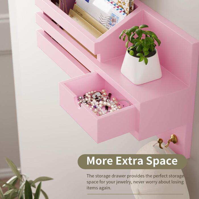 Настінна органайзер для ключів з 6 гачками та шухлядою, дерев'яна полиця для ключів, ключниця на стіну, для дому, офісу, прихожої (білий) (Рожевий - 02)