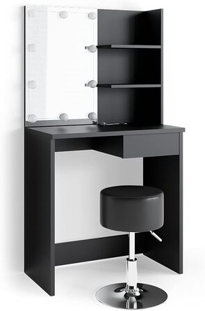 Vicco Vanity Table Decor, Black, 75 cm with LED Lighting and Stool