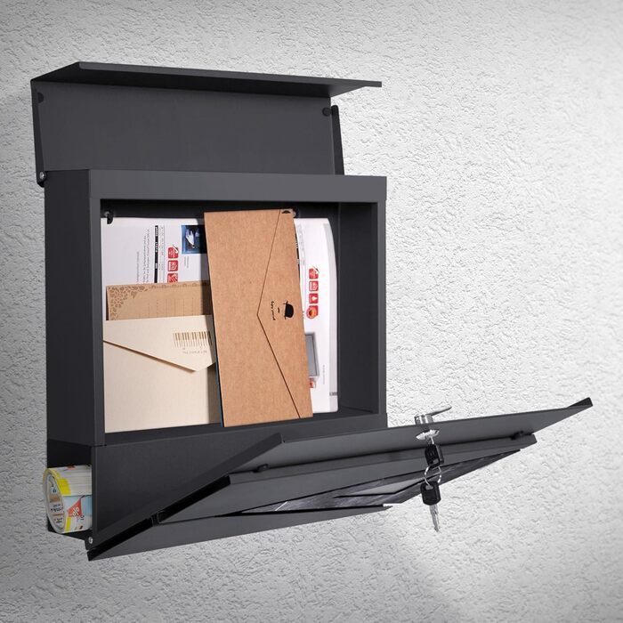 Поштовий ящик ML-Design 37x36,5x11 см антрацит/під дерево, сталевий, з газетницею, замок на 2 ключі, настінний, сучасний дизайн