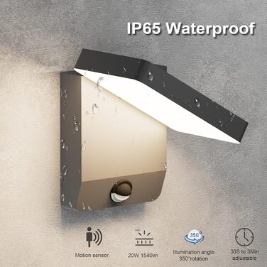 Зовнішнє LED-світильник K-Bright з датчиком руху, вологозахист IP65, для балкона/саду, квадратний, темно-сірий