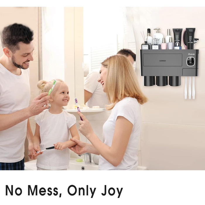 IHave Toothbrush Holder for Bathroom Storage, 3 Cup Toothbrush Holder Wall Mounted with Automatic Toothpaste Dispenser, Large Capacity Toothbrush Holder Bathroom Accessories Black