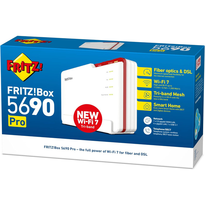 FRITZ!Box 5690 Pro: Wi-Fi 7 роутер для дому з підтримкою DSL та Glasfaser, Mesh, DECT, 18.5 Gbit/s