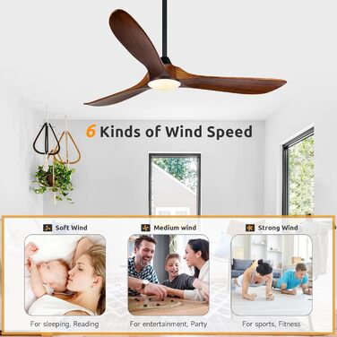 Дзеркальний вентилятор для стелі з дерева, без освітлення, з дистанційним керуванням, тихий, для вологого приміщення (132 см/52 дюйми, коричневий, 3 лопаті)