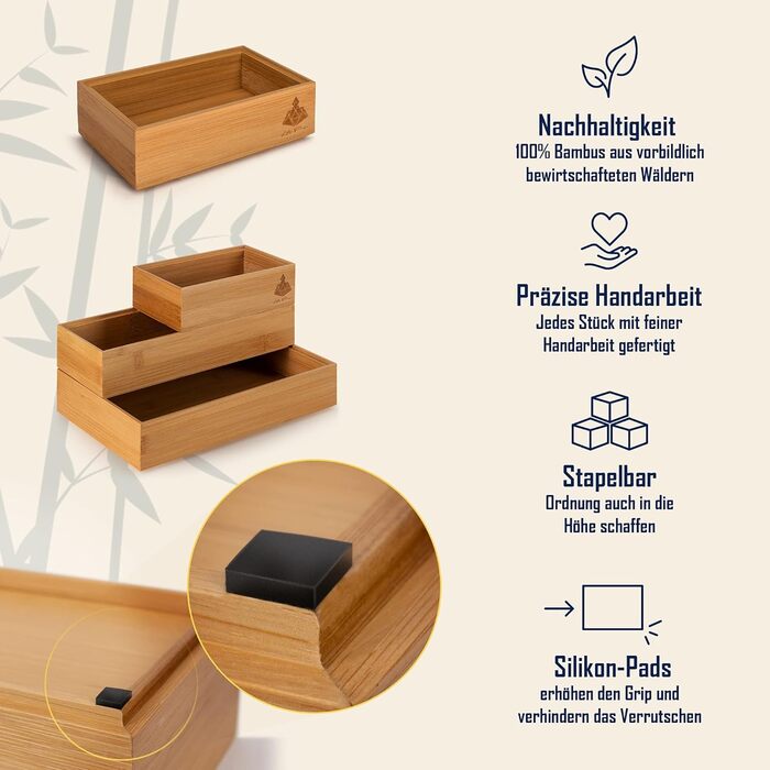 Lilly Things ANTI-SLIP Bamboo Drawer Organizer System (6 Piece, Wood) Drawer Organizer, Drawer Insert, Storage Box for Makeup, Cosmetics, Vanity, Desk, Office, Bathroom, Kitchen