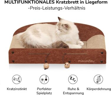 Cat Scratch Board, 66cm durable scratching cardboard and felt, large lounging area, 2 reversible cat scratching pads for cats, recyclable corrugated cardboard cat bed with jingle ball toy, caramel color