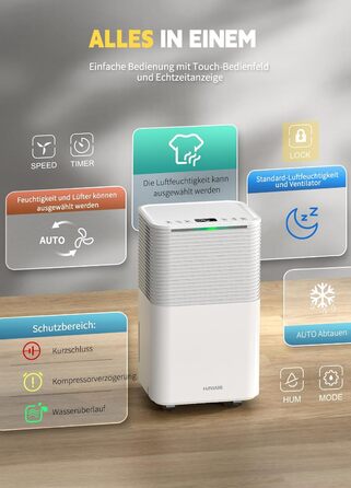 Електричний осушувач повітря 12л/день, сенсорне управління, дисплей, таймер, для дому та сушіння білизни, білий