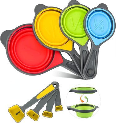 Collapsible Measuring Cup and Spoon Set, 8-Piece Portable Silicone Measuring Cup and Spoon, Food-Grade Silicone Measuring Tool Set, Yellow Color (Random Rainbow)