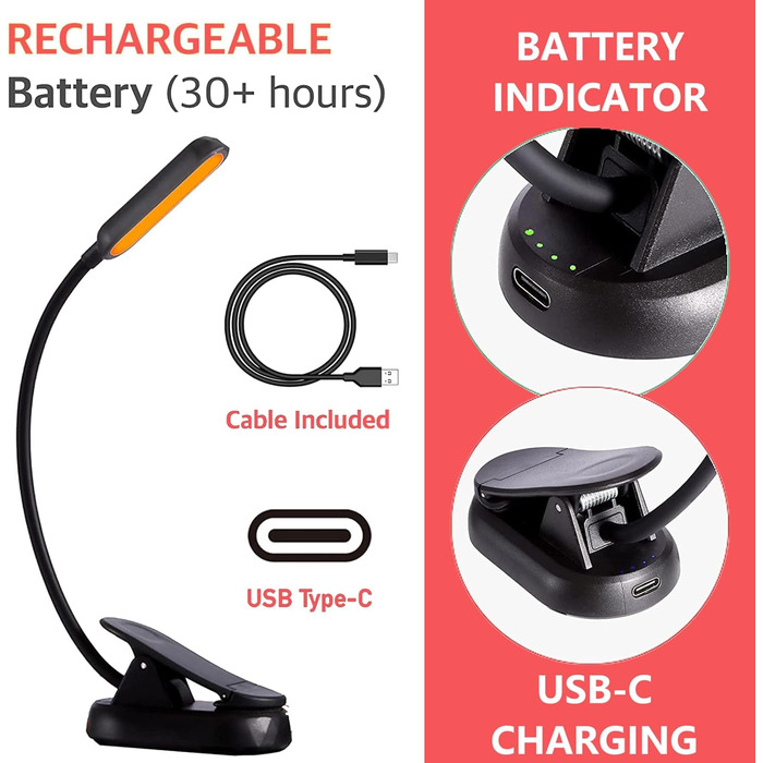 LED лампа для читання Clip-On з блокуванням блакитного світла, 1600K, тепле світло, акумулятор 1000mAh, сумісна з Kindle