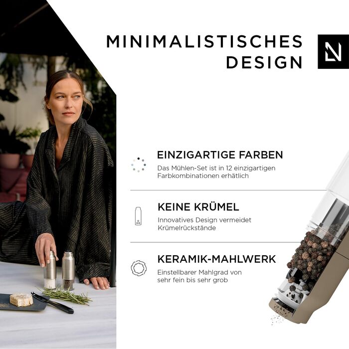 LARS NYSØM Salt and Pepper Mill Set Stainless Steel with Adjustable Grinder | Bottle Design Spice Mill Set Manual (Brown/Beige)