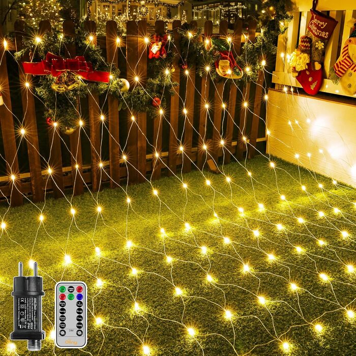 Льод-гірлянда сітчаста на 200 LED, 3x2м, тепле біле світло, з пультом, таймером, вологостійка. Підходить для декорування садів, кімнат, балконів.