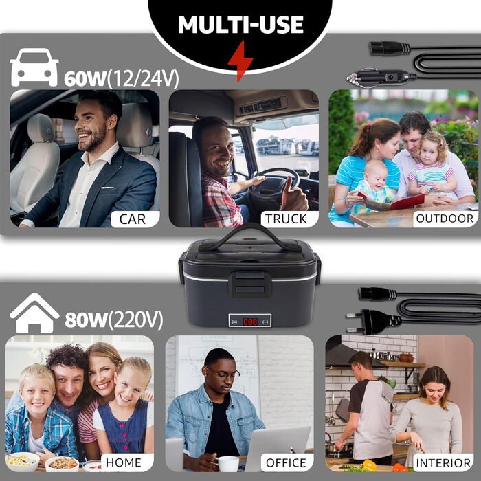 Електрична ланч-бокс Kimfead з контролем температури, 1.8L, 80W, 12V/24V/230V, з сумкою та столовим прибором, для авто/офісу
