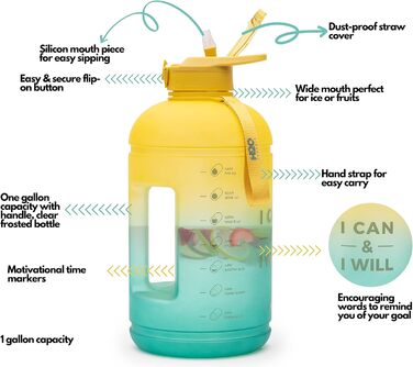 Пляшка для води H2O Capsule INSPO з часовою міткою і трубочкою, мотиваційна, герметична, харчовий пластик, з ручкою та ремінцем, колір Свіжа Авокадо, об’єм 1 галон