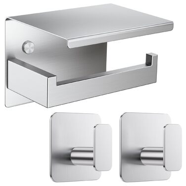 Тримач для туалетного паперу Aikzik без свердління, stainless steel (нержавіюча сталь) з 2 клейкими гачками, настінний аксесуар для ванної кімнати, чорний/сріблястий
