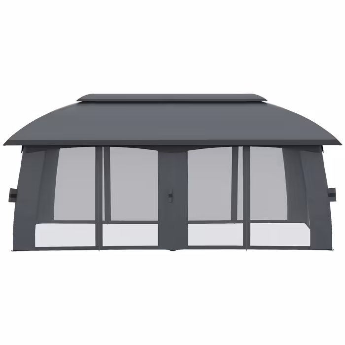Outsunny Garden Pavilion 3 x 6 m Party Tent with Double Roof & Side Walls, Mosquito Nets for up to 15 People, Galvanized Metal, Dark Grey
