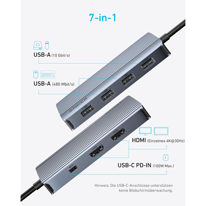 Хаб USB-C Anker 7-в-1: Док-станція з двома HDMI, 100W живлення, 10Gbit/s, USB для MacBook, Dell, iPad