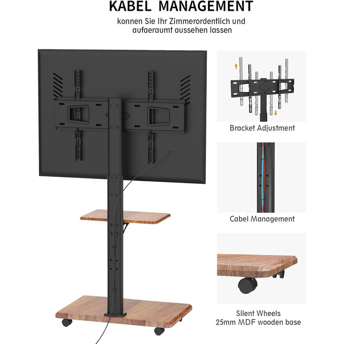 Підставка для телевізора Delphos Mobiler TV – мобільна, з дерев'яною основою, для телевізорів 32-70 дюймів, до 45 кг, регульована по висоті (до 130 см), поворотна ±25°, VESA 600x400 (волоський горіх)