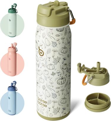 BOTTLE BOTTLE Stainless Steel Water Bottle 24oz (709ml) with Straw Handle and Pill Compartment for Outdoor School, Insulated Sports Bottle (Pumpkin)