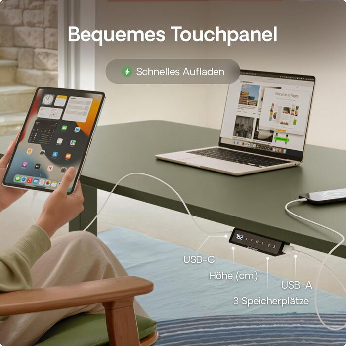 Електричний регульований стіл Desktronic HomeOne 120x60 см з підняттям, білий + зелений, з USB-A та USB-C портами для зарядки, сенсорне керування