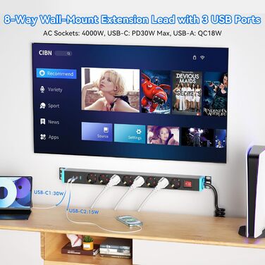 Мережевий фільтр із захистом від перенапруги, 10 розеток, поворотний на 360°, для стін, 1.8м, 16A/4000W, для офісу та дому, чорний