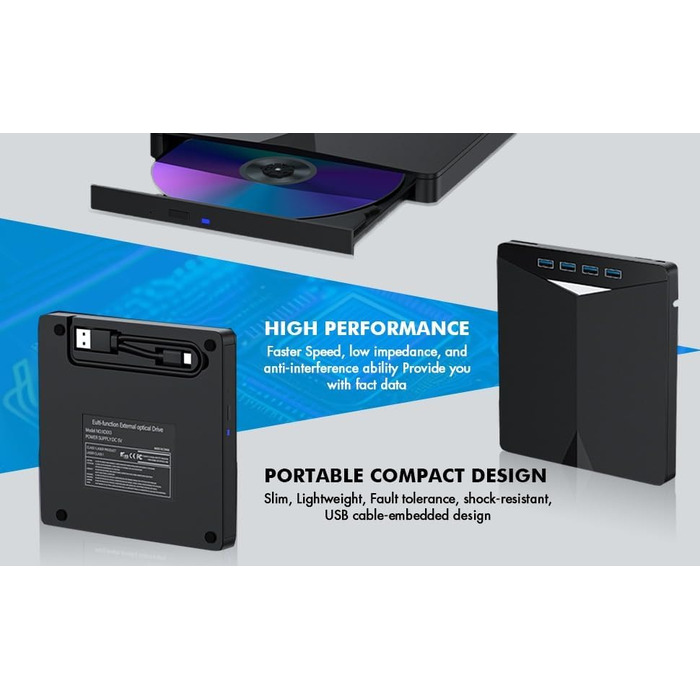 Зовнішній USB 3.0 CD/DVD-привід для ноутбука та ПК, портативний DVD-плеєр з 4 USB-портами та 2 слотами для TF/SD карт