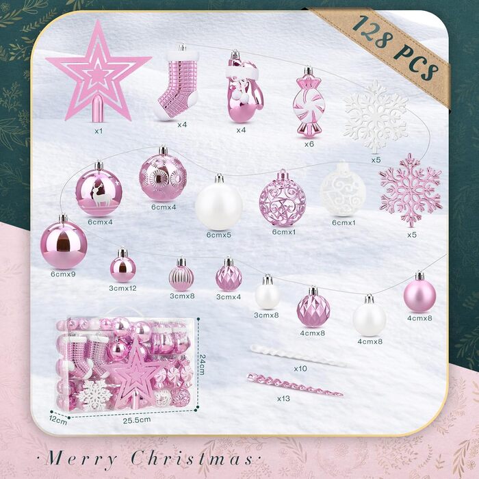 SOLEDI® Набір з 128 штучок преміум ялинкових прикрас - кульки з пластику білого кольору з зіркою на верхівку. Міцний та безпечний набір ялинкових прикрас з гачками. Ялинкові кульки кольорові, багаторазовий декор на Різдво (рожевий)