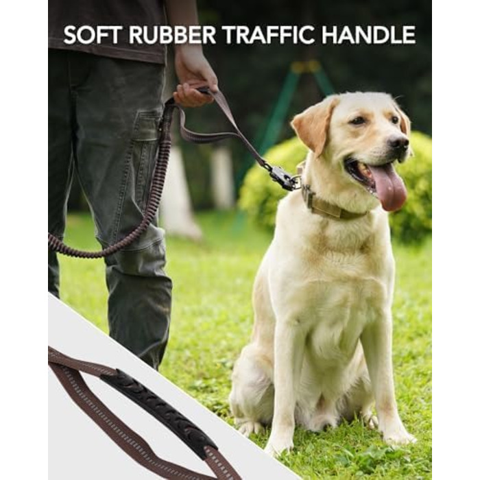 Тактична повідок для собак Joytale, еластична повідок з 2 м'якими ручками, страхувальний ремінь для автомобіля, повідок без натягу для собак середніх, великих та екстра-великих порід (1.2м-1.8м, коричнева)