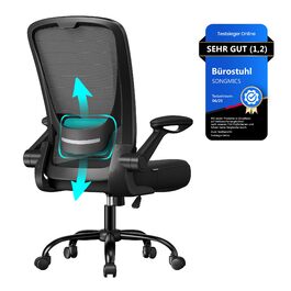 Офісне крісло SONGMICS з ергономічною спинкою з сітки, підтримкою попереку та підголівником, функцією гойдання, сидіння 53 см, відкидні підлокітники, для офісу та спальні, для студентів, чорне