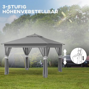 Outsunny Folding Gazebo, approx. 3 x 3 m, Gazebo with LED lights, 4 mosquito nets, side walls, garden gazebo with water bag, double roof, carry bag, dark grey | Aosom