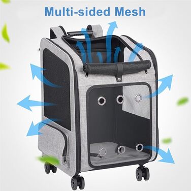 Транспортна переноска для собак та котів великого розміру з колесами, сірого кольору. Рюкзак-переноска для собак до 15 кг з прозорим вікном.