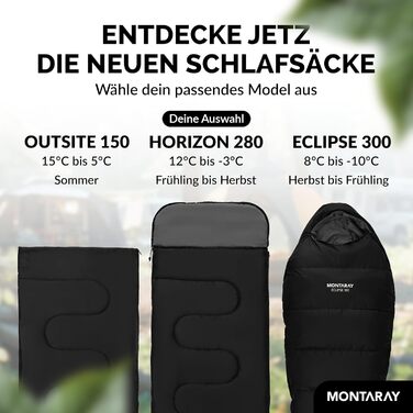 Montaray® Hooded Sleeping Bag -3°C - Outdoor Winter & Summer Sleeping Bag for Men & Women - 3-4 Season, 75x220cm, Hut Sleeping Bag, Black, 280GSM
