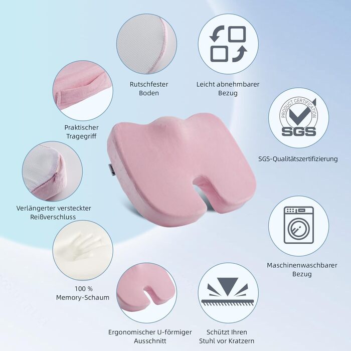 Подушка для спини та сидіння Egret з Memory Foam для офісного крісла та авто – рожева, з регульованими ременями, підтримка попереку, зняття болю та корекція постави