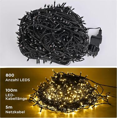LED гірлянда 100 метрів, 800 LED, тепле біле світло - для декору дому, саду, вечірки, весілля