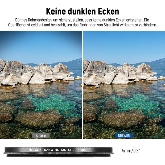 NEEWER 52mm Поляризаційний фільтр CPL з 24 шарами, Nano MC, HD скло, для об'єктивів камер, зменшує відблиски, покращує контраст