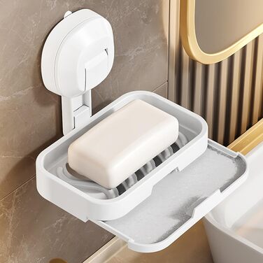 Тримач для мила настінний з піддоном для води, без свердління, з ящиком, з пластику, білий