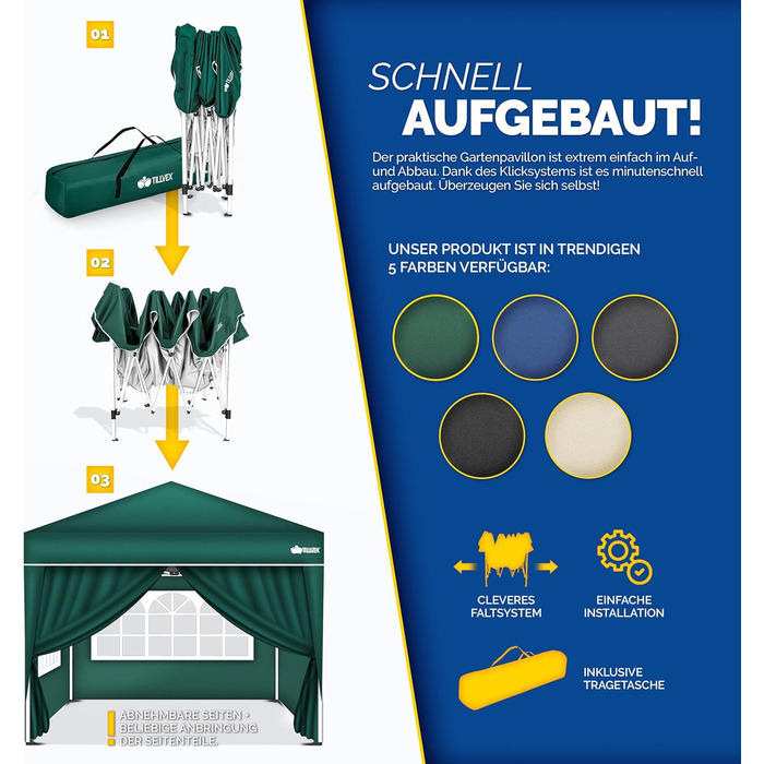 Waterproof Gazebo | Pop-Up Folding Gazebo, Adjustable Height | Garden Tent with UV Protection 50+ | Party Tent with Bag for Garden (3x3m - with 4 Side Walls, Green)