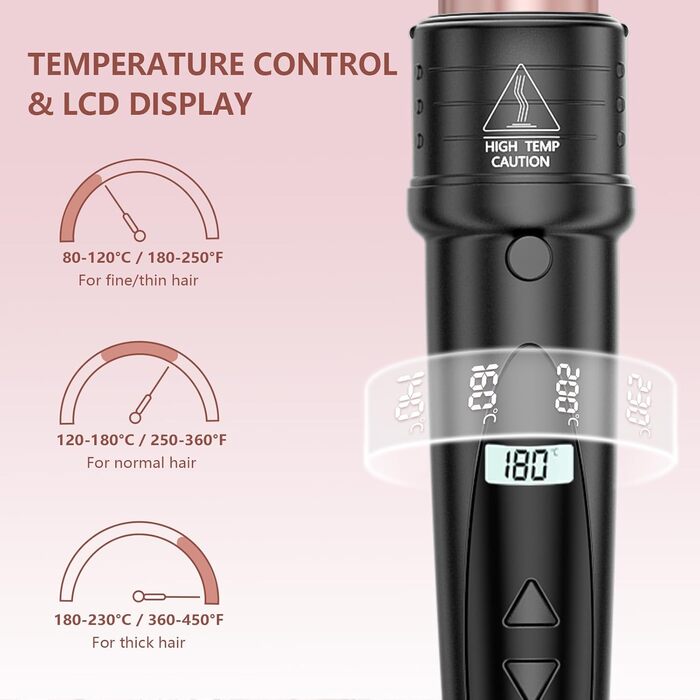 Локшик для волосся NWOUIIAY 6 в 1 з LCD-дисплеєм, керамічне покриття, багатофункціональний, змінне насадки, для великих та маленьких локонів, рукавички, регулювання температури, темно-рожевий