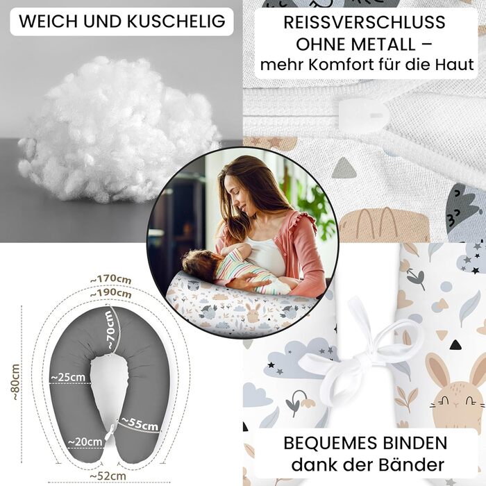 Подушка для вагітних Amilian Stillkissen 170 см XXL – подушка для сну на боці, подушка для годування, сіра та бежева