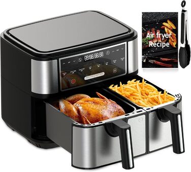 Euary Max Dual Zone 10L цифрова аерофритюрниця з двома незалежними кошиками 4 л та 6 л для сім'ї, 8-в-1, з рецептурником, таймером і регулюванням температури