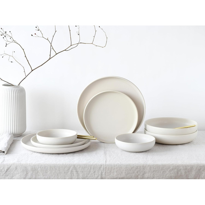 CreaTable Geschirrset Serie Uno: 12-teilний посуд для 4 осіб (8 предметів), кераміка, для посудомийної машини та мікрохвильової печі, Made in Europe (Offwhite)