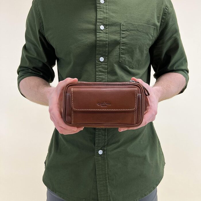 Gusti Pipe Pouch Leather - Diego Men's and Women's Pipe Pouch for 3 Pipes, Extra Tobacco Compartment, Interior Made of Natural Rubber, Pipe Bag Brown Leather